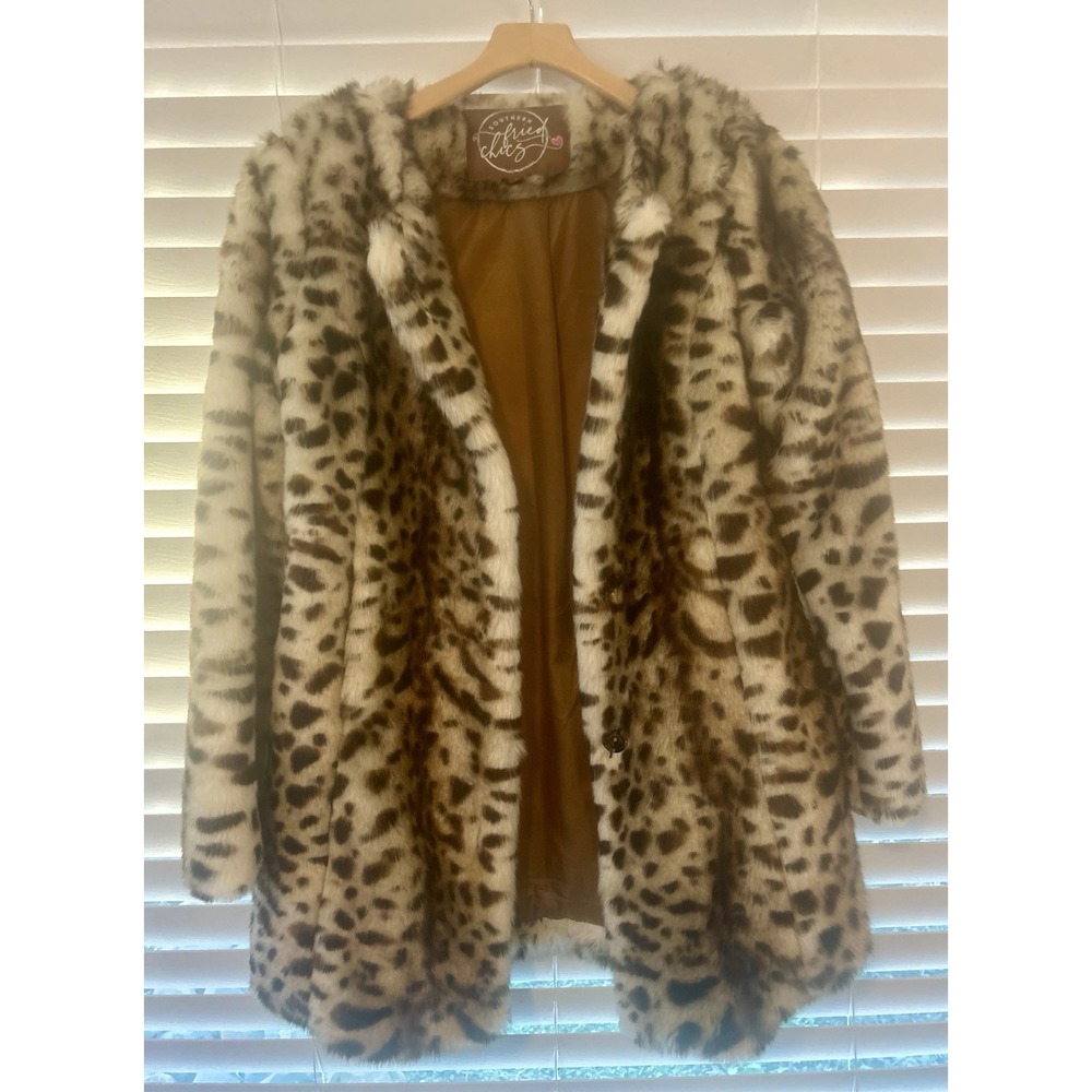 Southern Fried Chics Faux Fur Leopard Print Button Up Coat Size Small